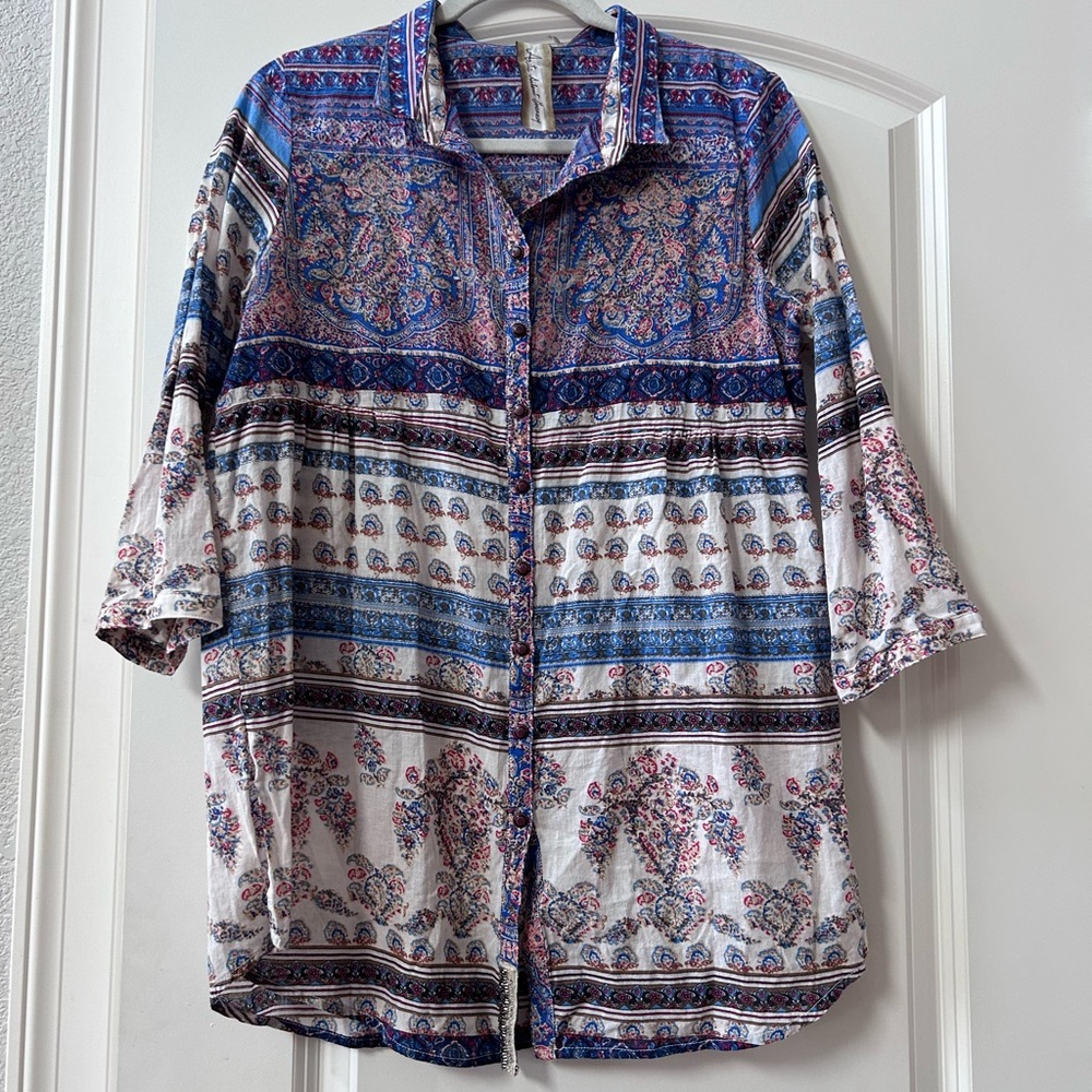 Aratta Silent Journey 100% Cotton Button Down tunic. Boho. Beading. Artsy Hippie